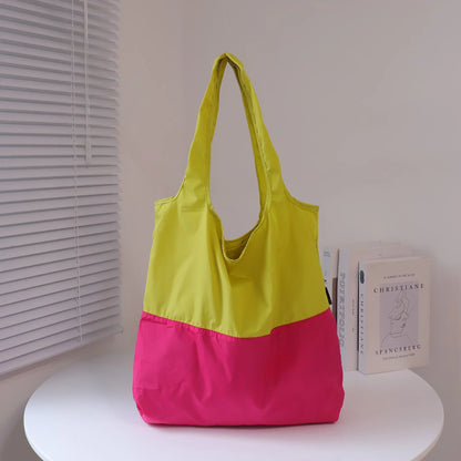 Two-Color Splicing Letter Large Capacity Portable Polyester Folding Satchel Waterproof Shoulder Bag Environmentally Friendly