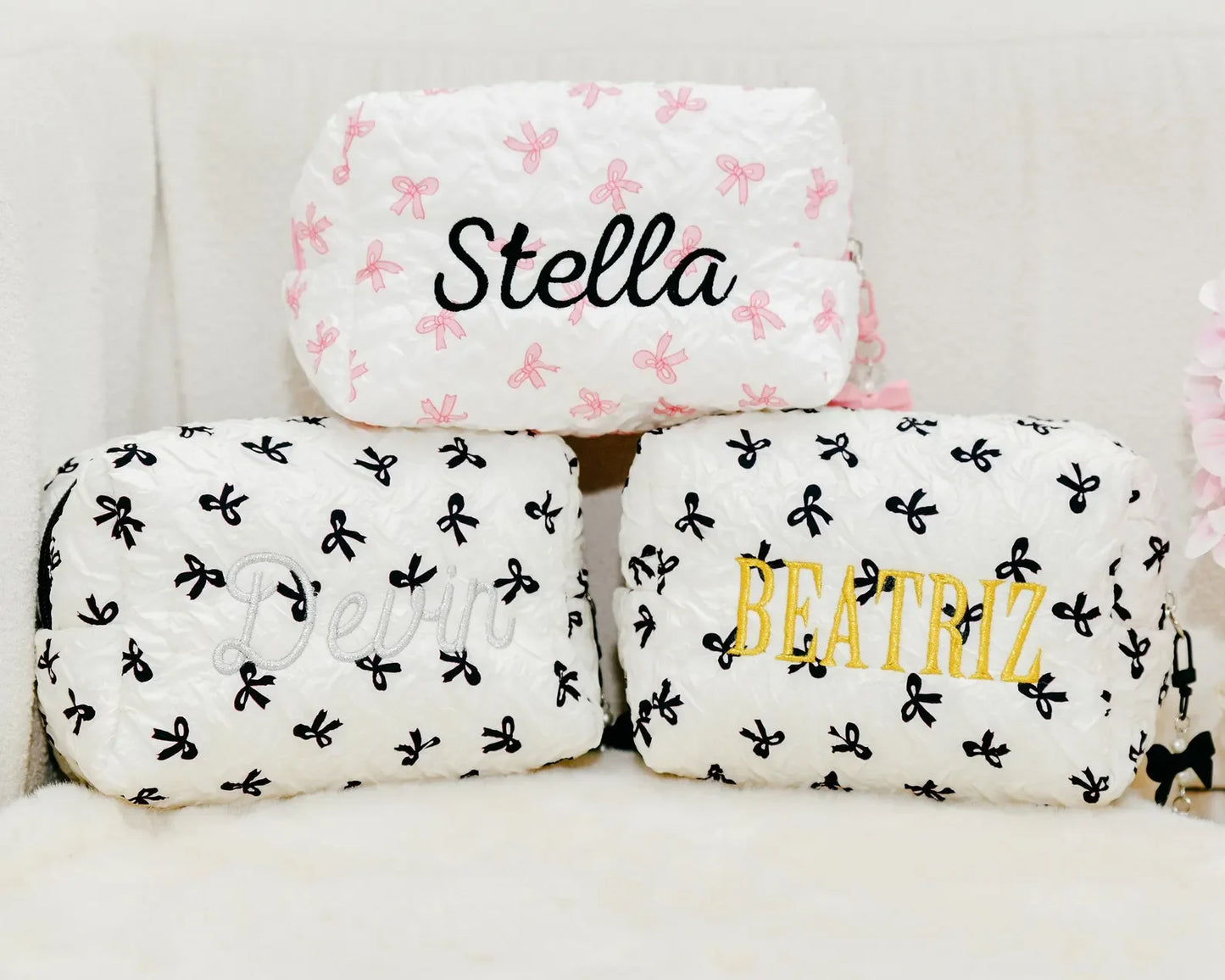 Personalized Letter Bow Makeup Bag With Bow Design Custom Name Makeup Bags Monogram Cosmetic Bag for Women