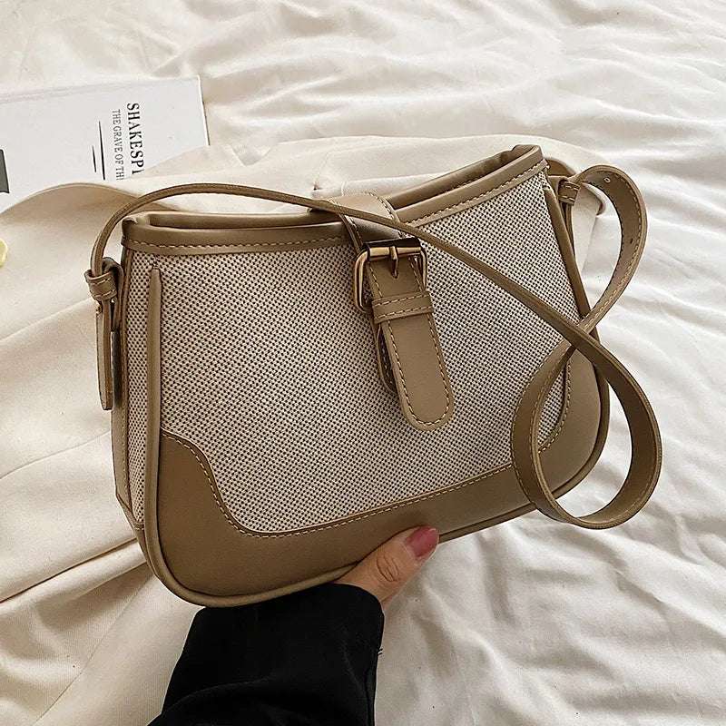 New High Quality Stylish Shoulder Bag Women Creative Pu Stitching Canvas Handbags for Women Hand Bags Ladies