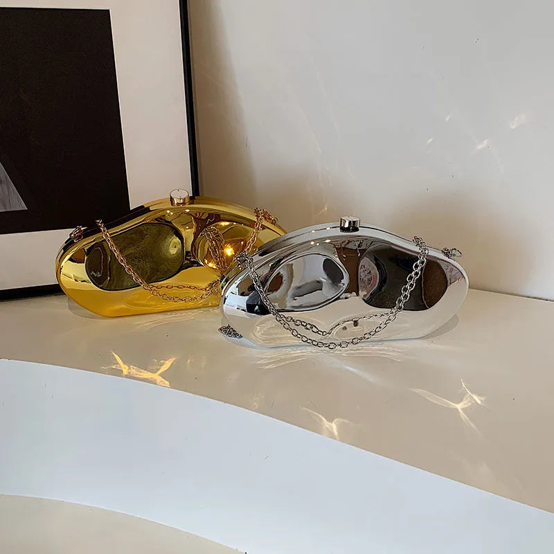 2025 Luxury Golden Silver Metallic Shell Stone Purses and Handbags Women Acrylic Party Evening Bag