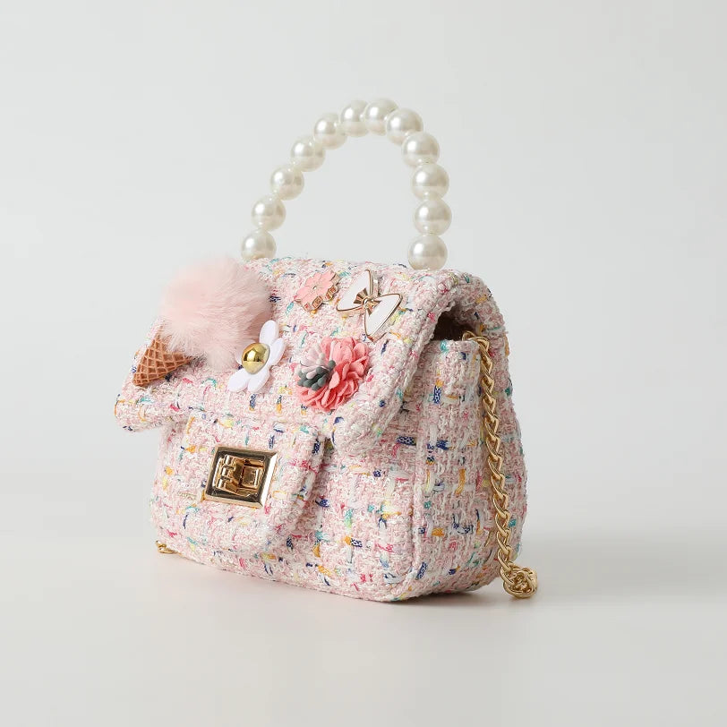 Well-Designed Princess Cute Baby Fashion Pearl Handbag Fashionable Kids Girls Mini Storage Bag Polyester PU Zipper Handbag