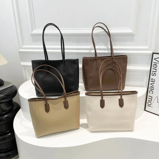2025 Elegant Korean Style Single Shoulder Tote Bag Attractive Work Clothing Texture Handbag New Contrasting Colors Made PU