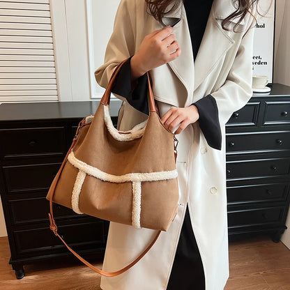 Bag 2024 Fall and Winter New Suede Women's Handbag Large Capacity Splicing Tote Shoulder Bag Retro Plush Two-Piece Crossbody Bag