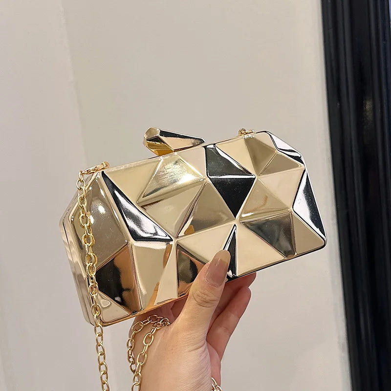 New Fashion Ladies Designer Bags Irregular Rhombus & Square Pattern Metal Chain Clutch Shoulder Bag
