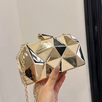 New Fashion Ladies Designer Bags Irregular Rhombus & Square Pattern Metal Chain Clutch Shoulder Bag