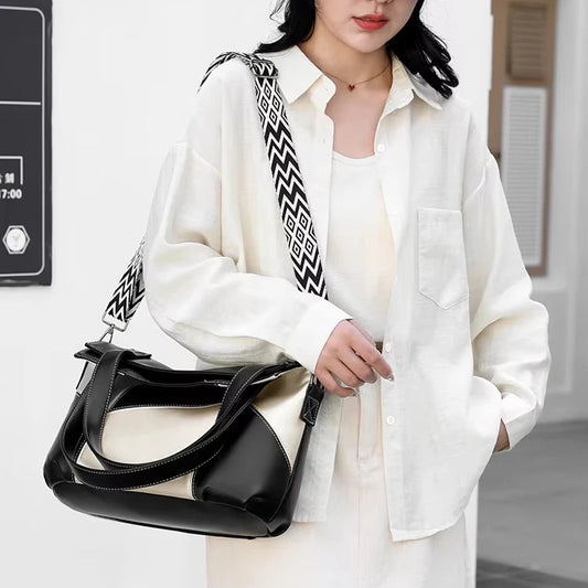 Women's Black and White Color Blocked Handbag Versatile Simple Large Capacity Shoulder Bag Waterproof PU Fashion Bags for Women