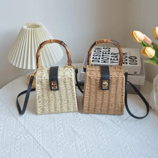 New Arrivals Trapezoidal Handbag Shoulder Crossbody Bag Button with Straw Woven Handle Burlap Tote Straw Bags Women Handbags