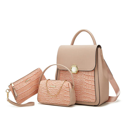 Three Piece Set Crocodile Grain PU Backpack Classic and Versatile Pure Color Handbags Elegant Fashion Bags for Women