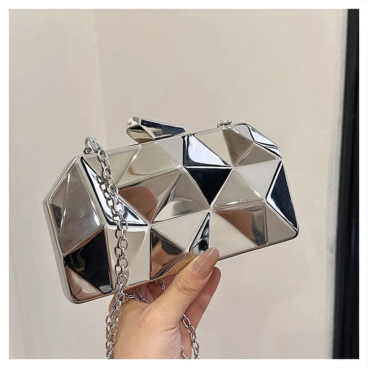 New Fashion Ladies Designer Bags Irregular Rhombus & Square Pattern Metal Chain Clutch Shoulder Bag