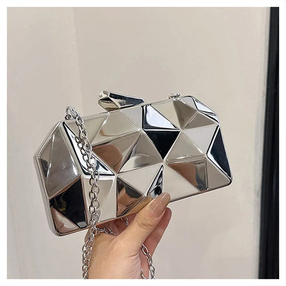 New Fashion Ladies Designer Bags Irregular Rhombus & Square Pattern Metal Chain Clutch Shoulder Bag