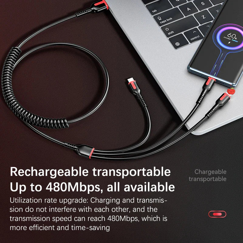 3-in-1 Retractable Data Cable USB Spring Retractable Cable