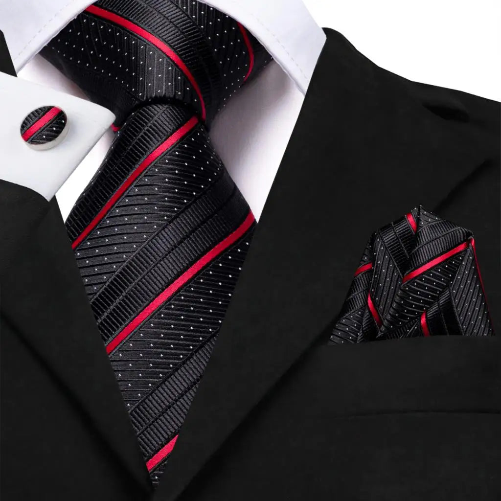 Black Red Striped Silk Wedding Tie For Men Handky Cufflink