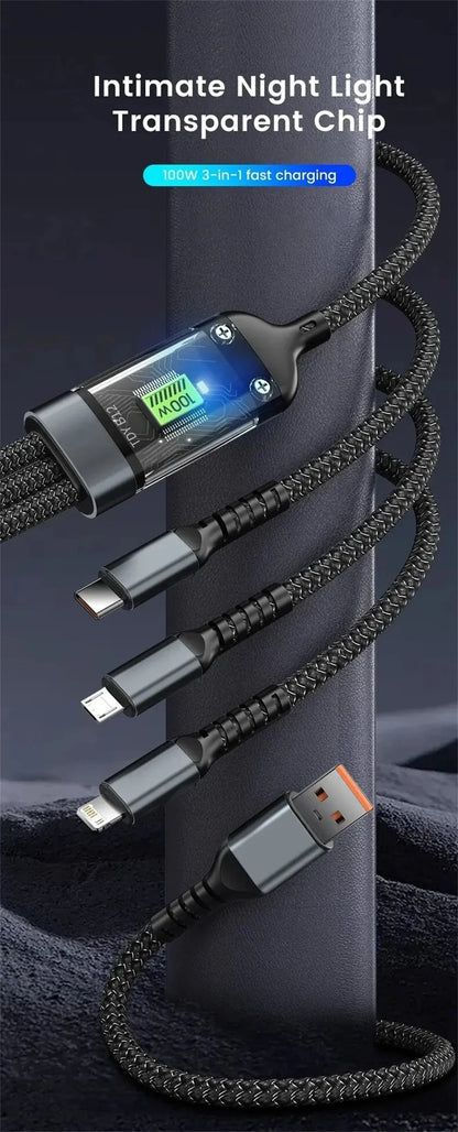 3 in 1 100W Fast Charging USB Cable Micro USB