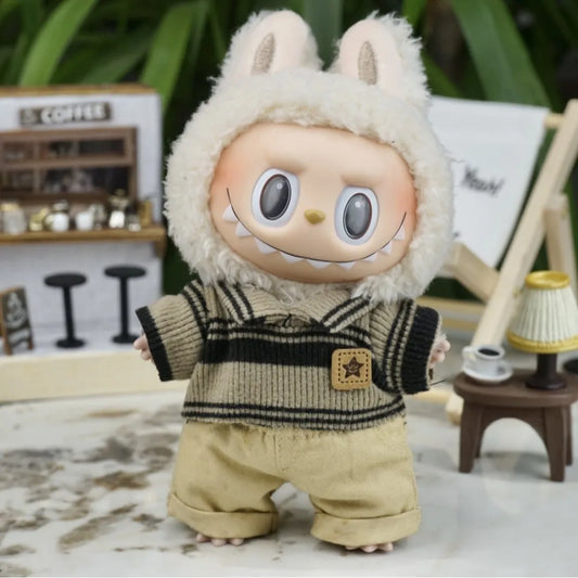 For 17cm v1v2 Labubu  pendant doll polo shirt striped brother set 17cm Labubu doll clothes Cute Decoration Game Toys