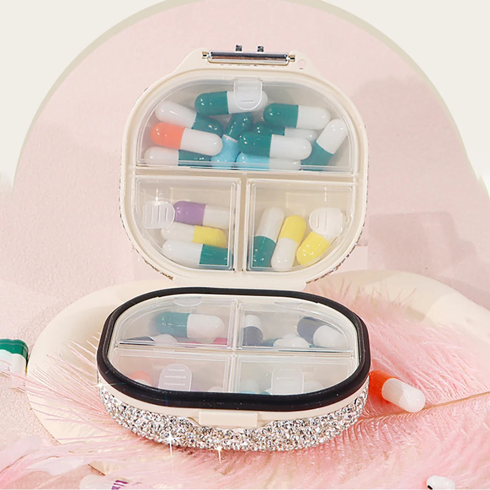 Sparkling Rhinestone Pill Box Sealed Travel Pill Case Tablet Dispenser Plastic Storage Box Portable Capsule Organizer Container