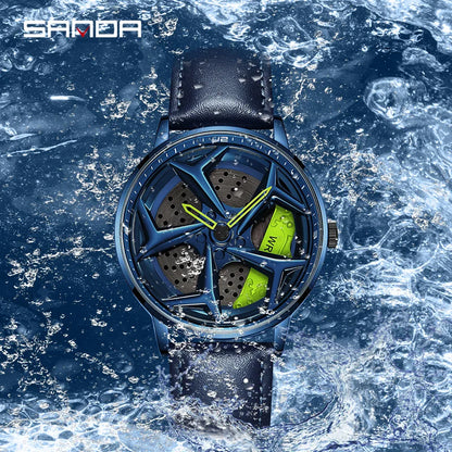 SANDA 1087 Fashion Men Watch Luxury 360 Rotating Car Wheel Dial Sports Quartz Watch Stainless Steel Casual Waterproof Wristwatch