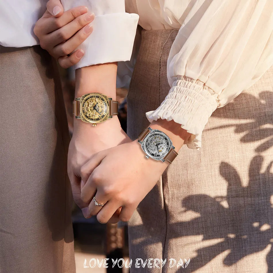 SKROX Couple Watches Steel Skeleton Automatic Movement