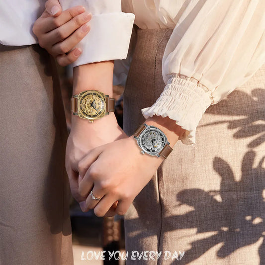 SKROX Couple Watches Steel Skeleton Automatic Movement