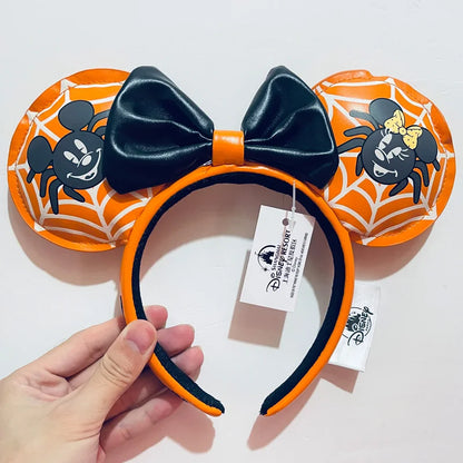 2025 Original Disney Mickey Ears Headband Shanghai Disneyland Minnie Leather Headband Hairband Sequin Bow Party Hair Accessories