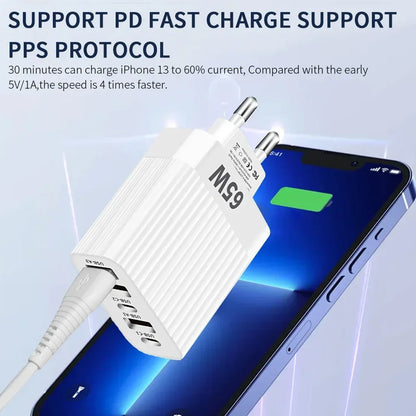 USB Type C Charger Multi Ports 65W Fast Charging Adapter