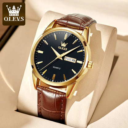 OLEVS 6898 Leather Strap Quartz Couple Watch