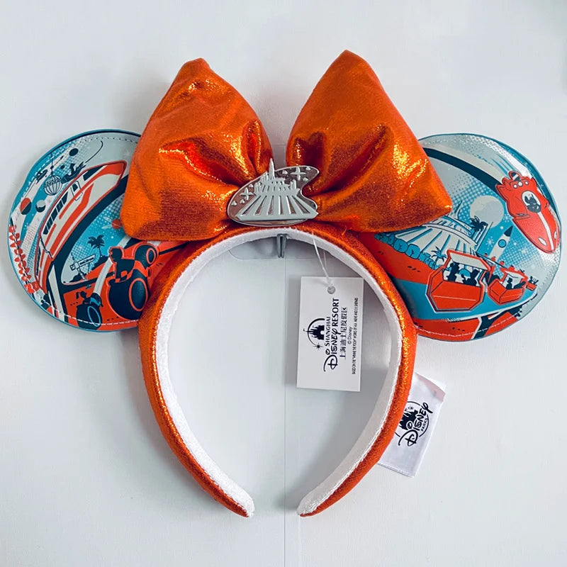 2025 Original Disney Mickey Ears Headband Shanghai Disneyland Minnie Leather Headband Hairband Sequin Bow Party Hair Accessories