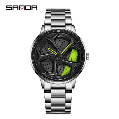 SANDA 1087 Fashion Men Watch Luxury 360 Rotating Car Wheel Dial Sports Quartz Watch Stainless Steel Casual Waterproof Wristwatch