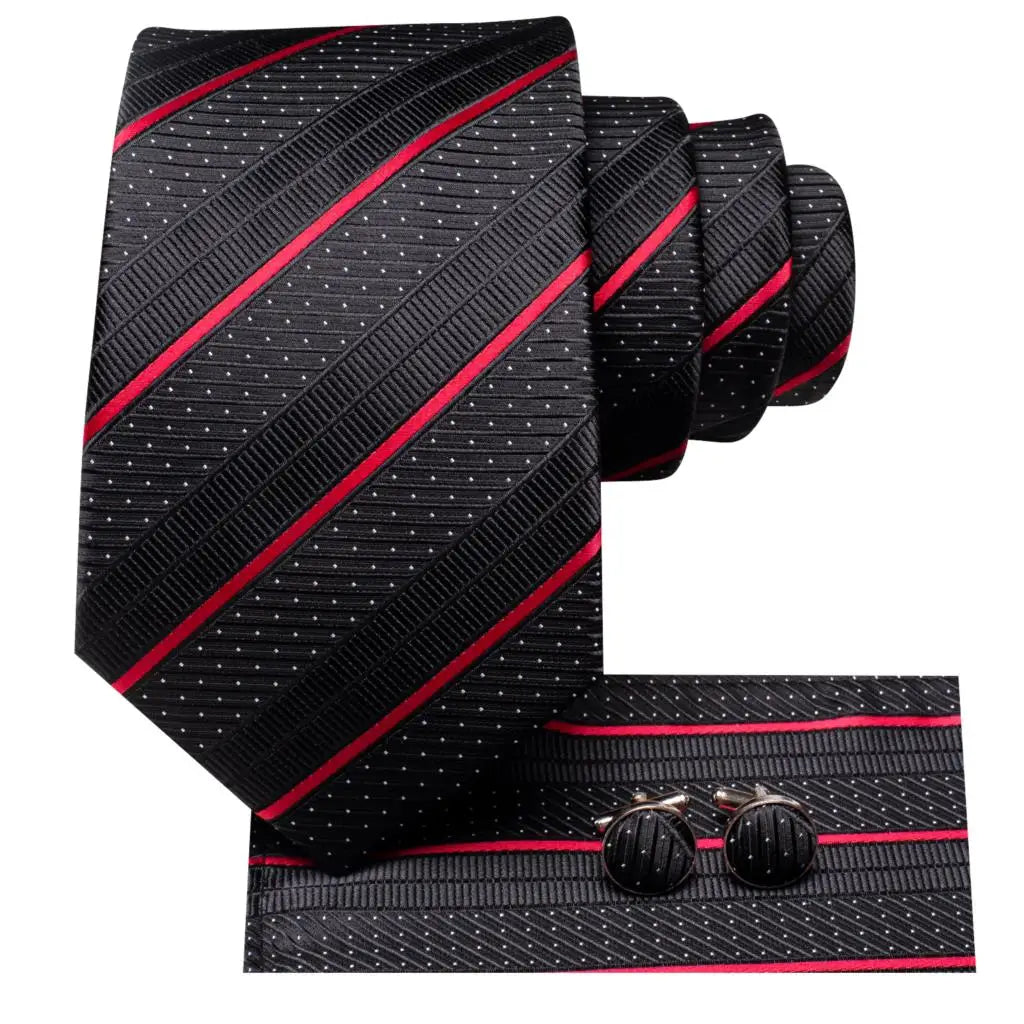 Black Red Striped Silk Wedding Tie For Men Handky Cufflink