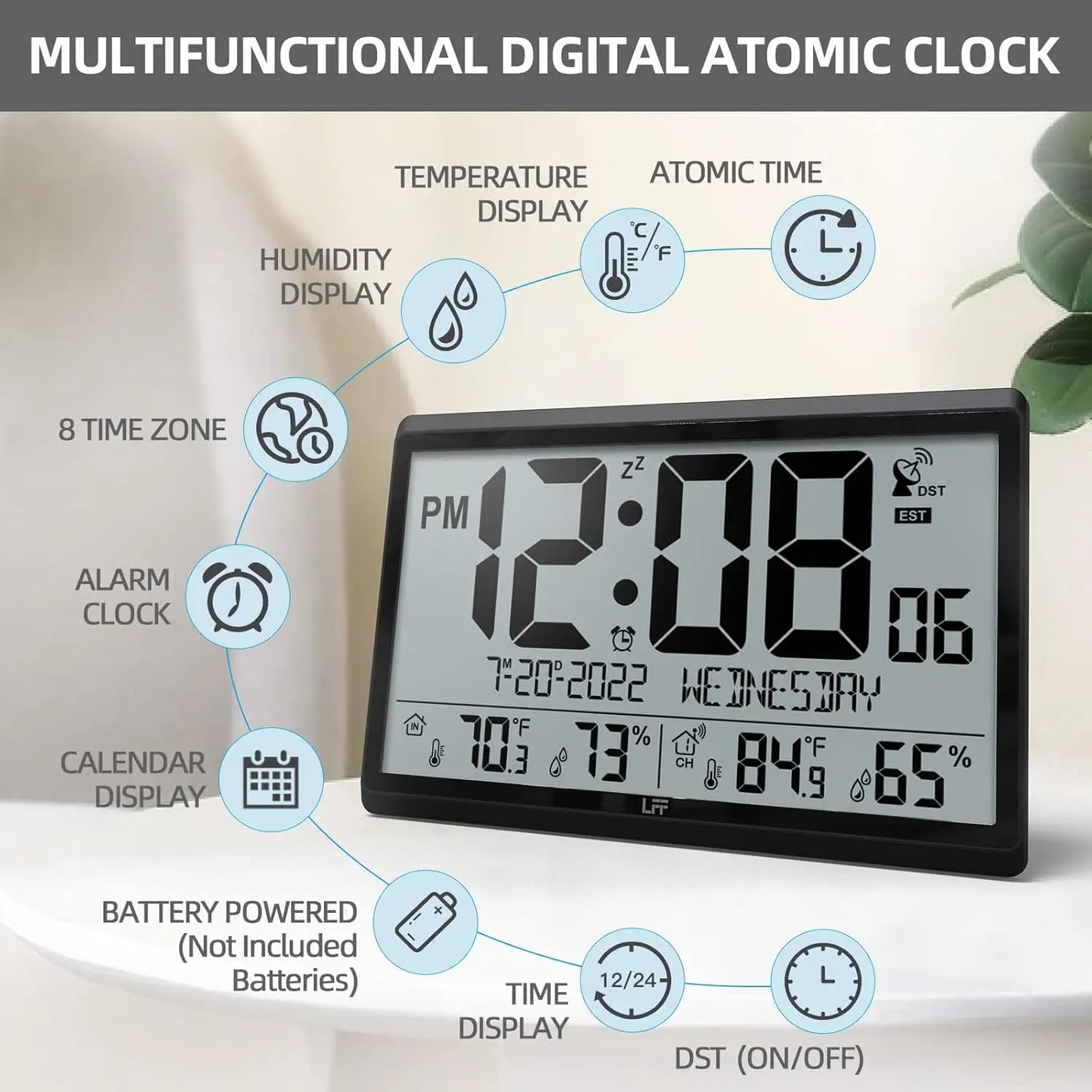 Clock/Never Needs Setting, Battery Operated, Atomic Wall Clock with Indoor/Outdoor