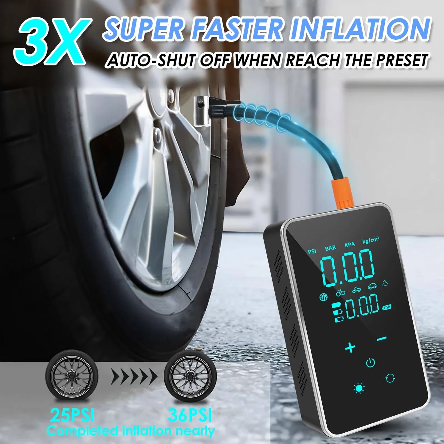 Portable Tire Inflator 150PSI Cordless Air Compressor with LED Light