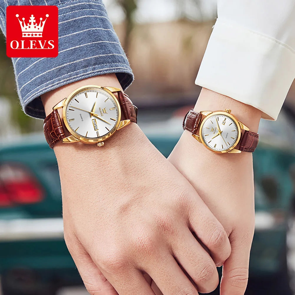 OLEVS 6898 Leather Strap Quartz Couple Watch