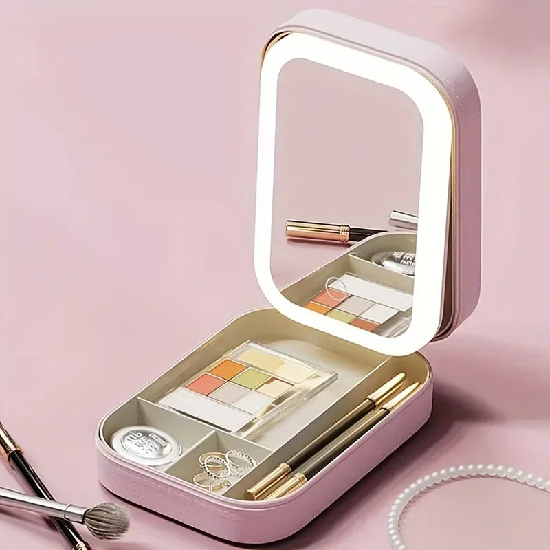 1pc USB Rechargeable LED Makeup Mirror, Travel Cosmetic Bag with Light, Makeup Storage Organizer, Lighted Vanity Mirror