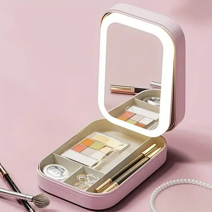 1pc USB Rechargeable LED Makeup Mirror, Travel Cosmetic Bag with Light, Makeup Storage Organizer, Lighted Vanity Mirror