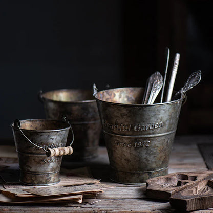 Vintage Iron Handle Bucket Metal Retro English Printing Wrought