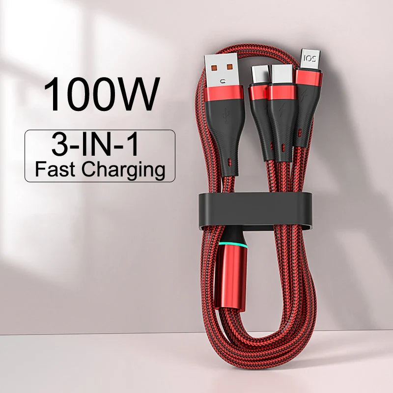 100W 3 in 1 Type C USB Cable Fast Charging