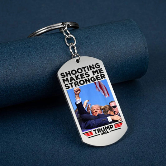 Trump 2024 Flag Keychain Shooting Makes Me Stronger Pendant Key Chain Stainless Steel Key Ring Gifts for Supporters Fans