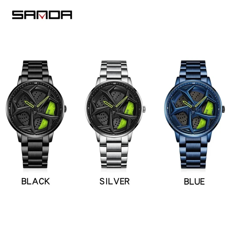 SANDA 1087 Fashion Men Watch Luxury 360 Rotating Car Wheel Dial Sports Quartz Watch Stainless Steel Casual Waterproof Wristwatch