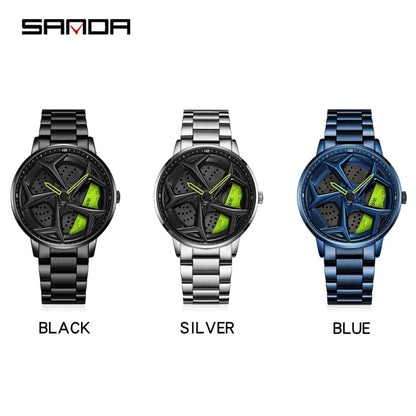 SANDA 1087 Fashion Men Watch Luxury 360 Rotating Car Wheel Dial Sports Quartz Watch Stainless Steel Casual Waterproof Wristwatch
