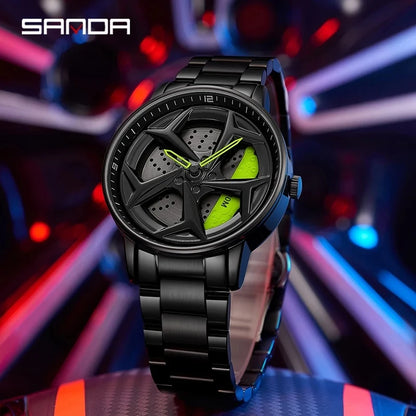 SANDA 1087 Fashion Men Watch Luxury 360 Rotating Car Wheel Dial Sports Quartz Watch Stainless Steel Casual Waterproof Wristwatch