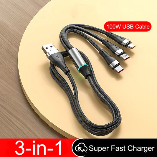 100W 3 in 1 Type C USB Cable Fast Charging