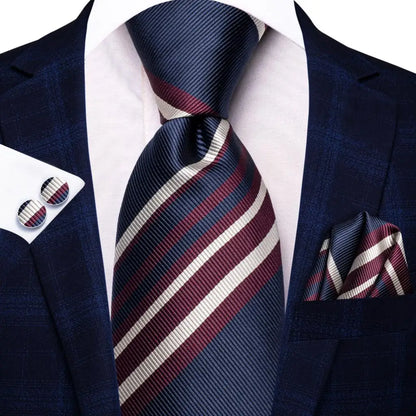 Black Red Striped Silk Wedding Tie For Men Handky Cufflink