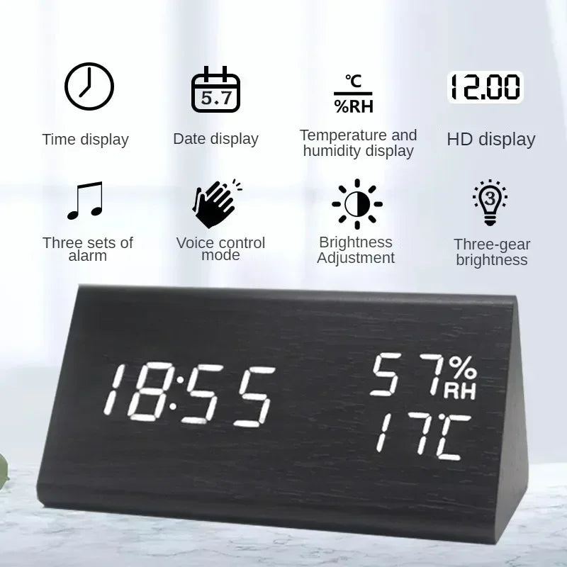 Digital Clock LED Wooden Alarm Clock Table Sound Control Electronic Clocks Desktop USB/AAA Powered Decoration Home Table Decor