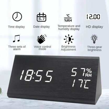 Digital Clock LED Wooden Alarm Clock Table Sound Control Electronic Clocks Desktop USB/AAA Powered Decoration Home Table Decor