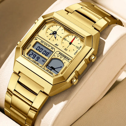FOXBOX Top Brand Luxury Stainless Steel Chrono Sport Watches Men Back Light Display Digital Wristwatch 3Bar Waterproof Reloj+Box