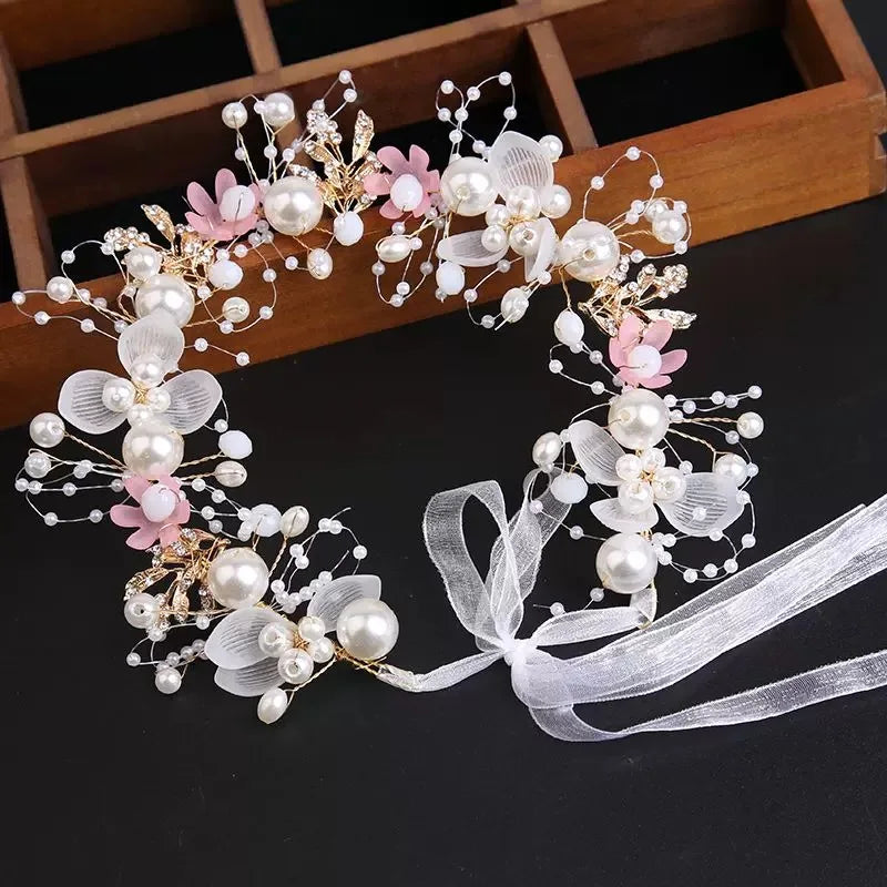 Sweet Pink Flowers Wreath Headband For Kids Princess Hair Band Children's Forest Style Hairbands Flower Girl Headpiece Gifts