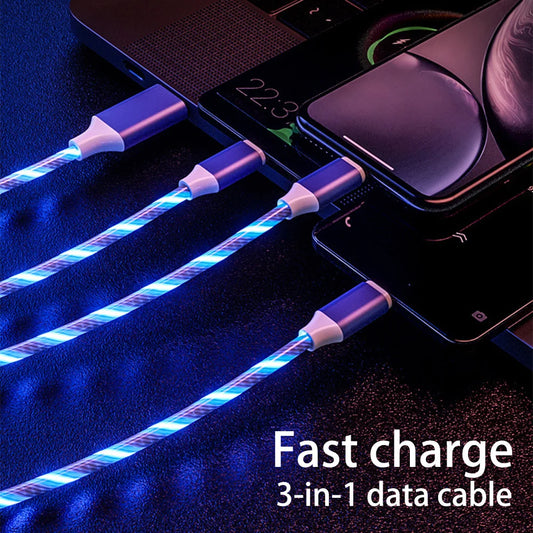 3 in 1 Cable USB Type C Cable Glow Flowing 1.2M Cord LED Lighting