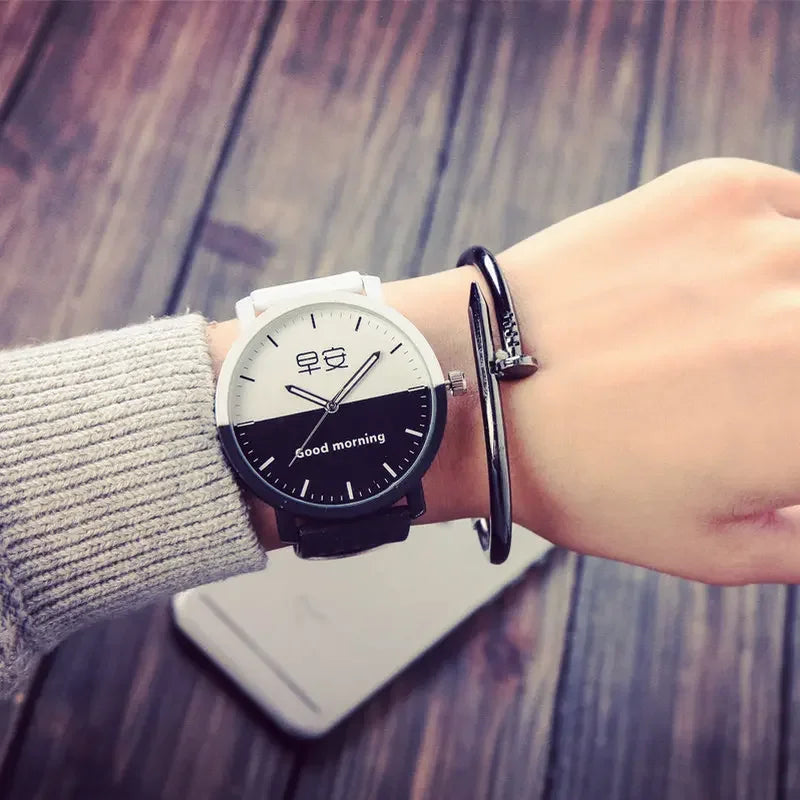 Lovers Watch Intimate Regards Good Morning Good Night Dial Leather Quartz Watch