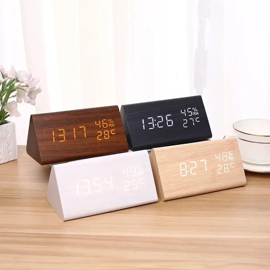Digital Clock LED Wooden Alarm Clock Table Sound Control Electronic Clocks Desktop USB/AAA Powered Decoration Home Table Decor
