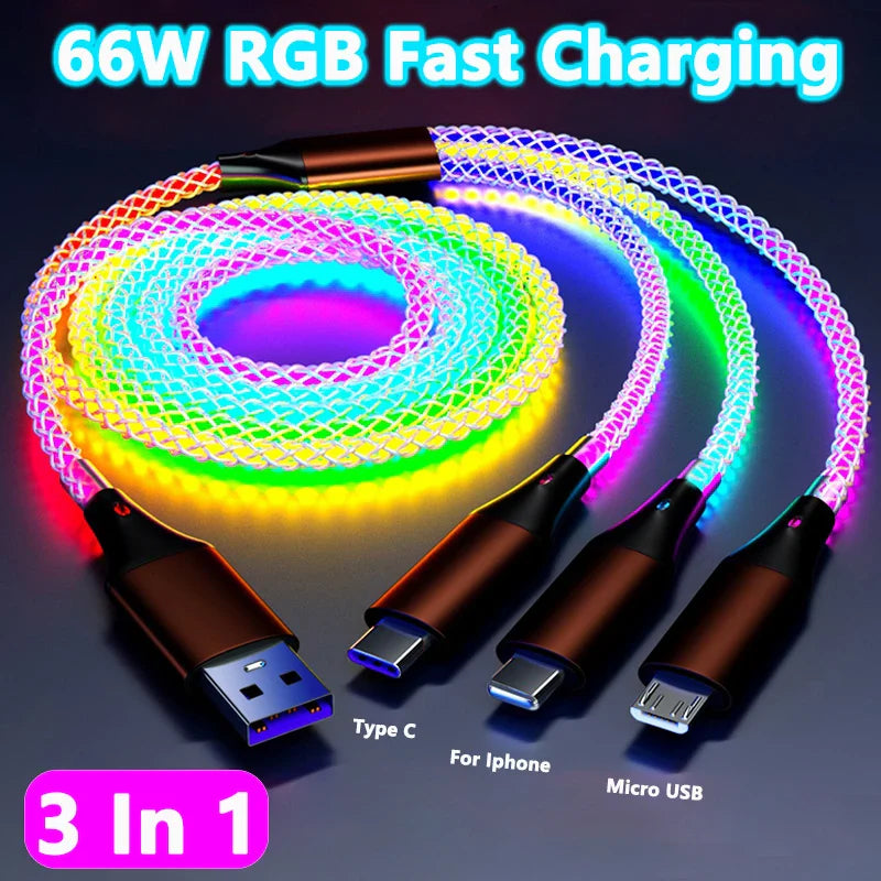 3 In 1 66W 6A RGB Light Type C Cable