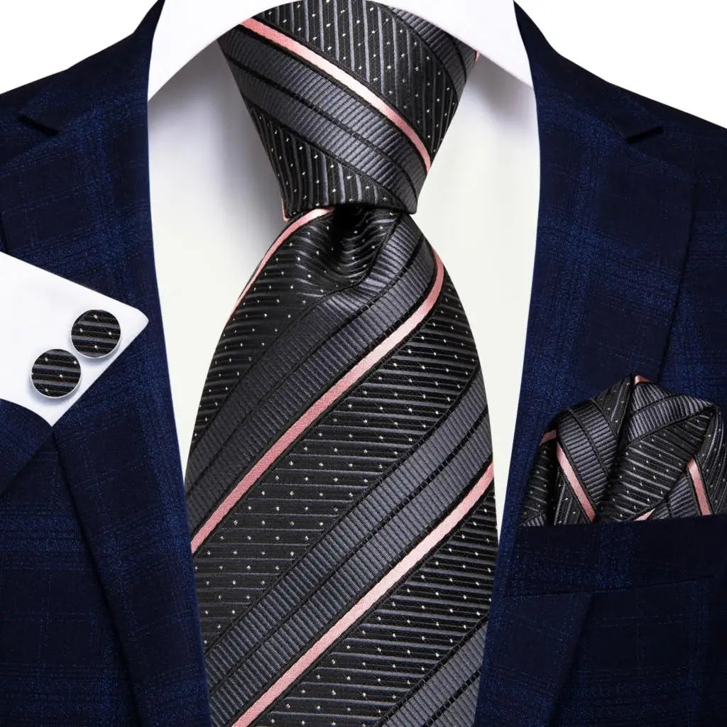 Black Red Striped Silk Wedding Tie For Men Handky Cufflink